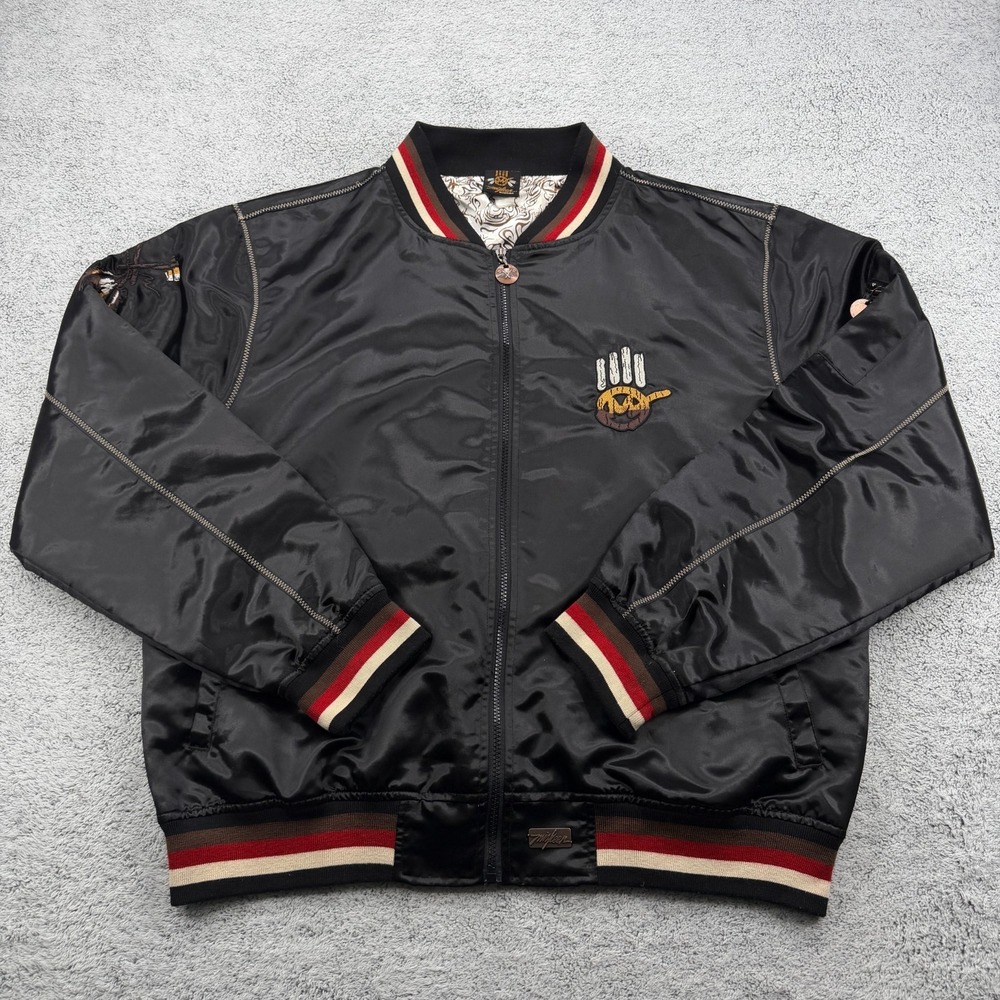 Miskeen Satin Bomber Jacket Mens 3XL Black Varsity Indian Head Embroidered Skull